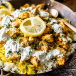 Dump-and-Bake Chicken Tzatziki with Rice served in a bowl with seasoned chicken, fluffy rice, creamy tzatziki sauce, and fresh lemon