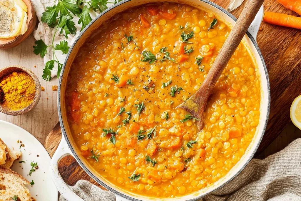 Easy Anti-Inflammatory Lentil Soup simmering in a pot with red lentils, carrots, turmeric, parsley, and a wooden spoon