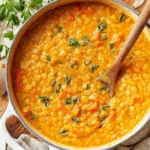 Easy Anti-Inflammatory Lentil Soup simmering in a pot with red lentils, carrots, turmeric, parsley, and a wooden spoon