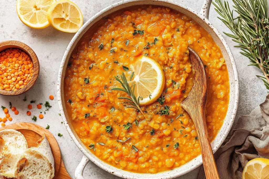 Easy Anti-Inflammatory Lentil Soup garnished with lemon and fresh herbs in a rustic serving bowl