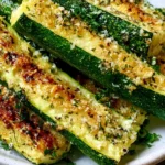 Easy Baked Zucchini wedges with golden Parmesan topping and herbs, oven roasted until perfectly tender