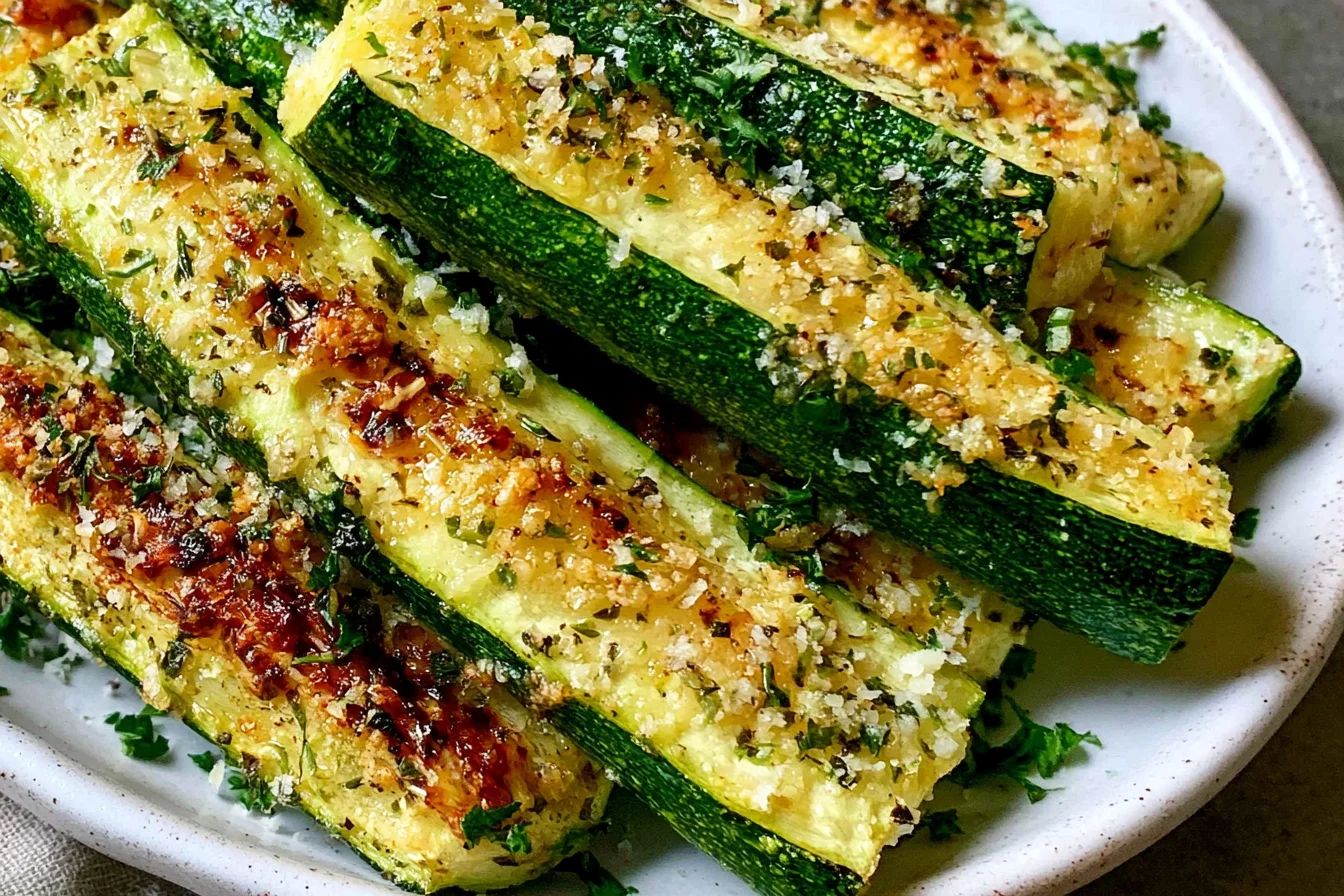 Easy Baked Zucchini wedges with golden Parmesan topping and herbs, oven roasted until perfectly tender