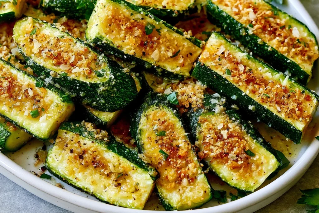 Easy Baked Zucchini topped with golden Parmesan and crispy breadcrumbs, roasted until tender and flavorful