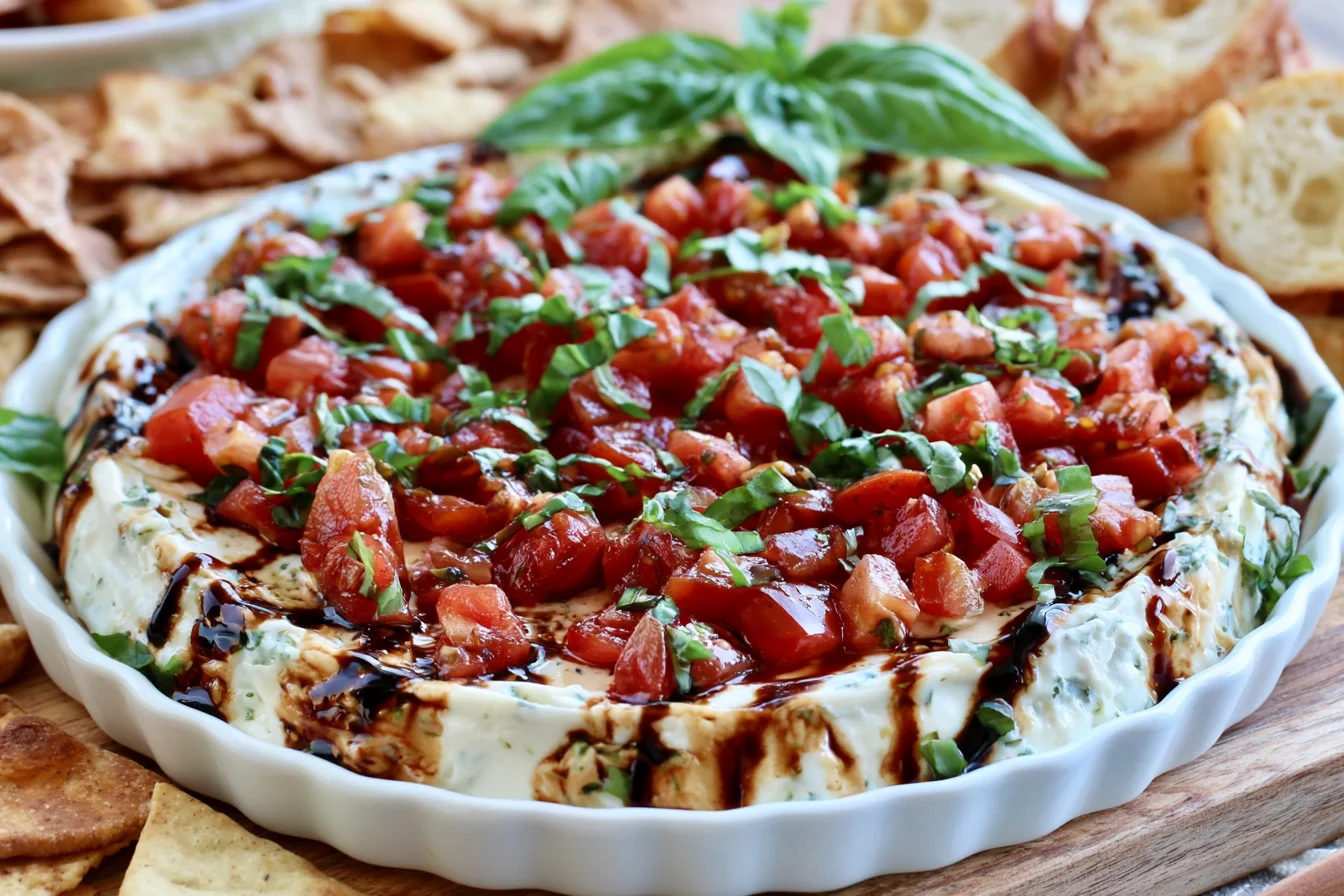 Easy Bruschetta Dip Recipe topped with fresh tomatoes, basil, and balsamic glaze served with pita chips and toasted baguette.