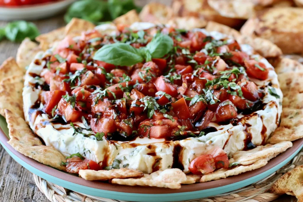 Easy Bruschetta Dip Recipe made with herbed cheese, fresh tomatoes, basil, and balsamic glaze served with crackers.