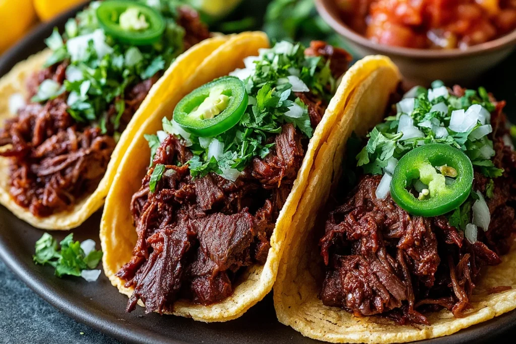 Easy Chuck Roast Tacos Recipe with slow-cooked shredded beef, corn tortillas, guacamole, salsa, and fresh lime wedges