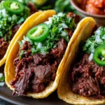 Easy Chuck Roast Tacos Recipe with slow-cooked shredded beef, corn tortillas, guacamole, salsa, and fresh lime wedges
