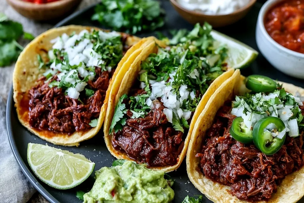 Easy Chuck Roast Tacos Recipe served in warm corn tortillas with shredded beef, fresh cilantro, diced onions, and jalapeño slices