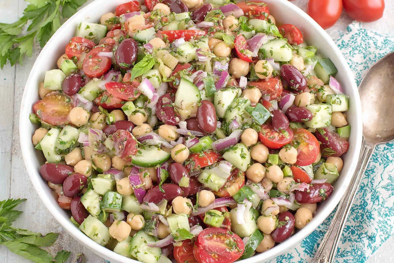 Easy Fresh Mediterranean Bean Salad made with three beans, cucumber, tomatoes, red onion, and Mediterranean herbs