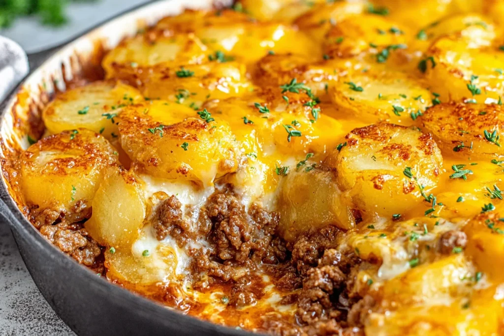 Easy Hobo Casserole Recipe with ground beef, tender potatoes, and melted cheddar cheese baked until golden and bubbly