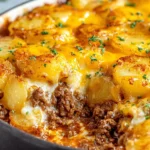 Easy Hobo Casserole Recipe with ground beef, tender potatoes, and melted cheddar cheese baked until golden and bubbly
