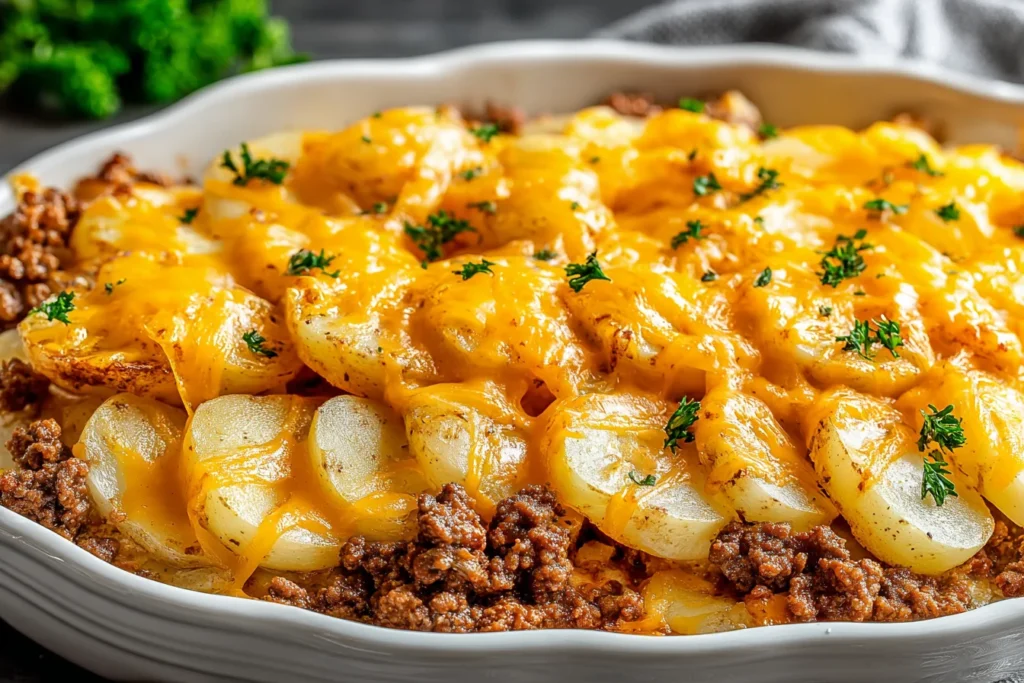 Easy Hobo Casserole Recipe baked with ground beef, sliced potatoes, and melted cheddar cheese in a casserole dish