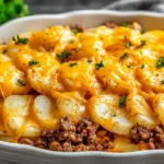 Easy Hobo Casserole Recipe baked with ground beef, sliced potatoes, and melted cheddar cheese in a casserole dish