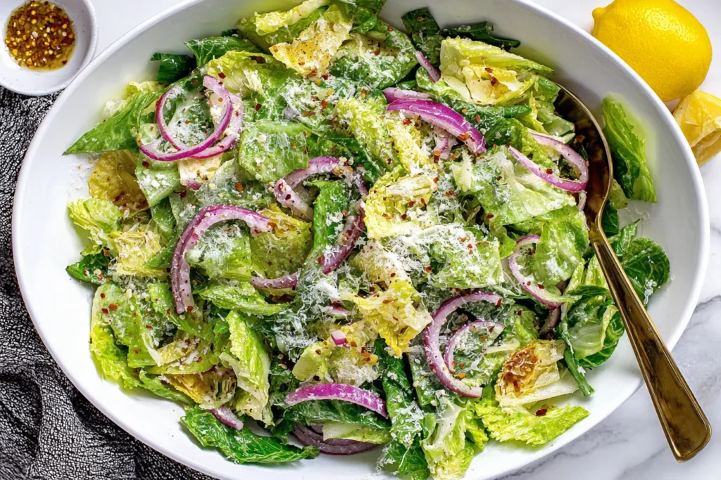 Easy Lemon Parmesan Lettuce Salad topped with parmesan cheese, red onion, lemon wedges, and red pepper flakes