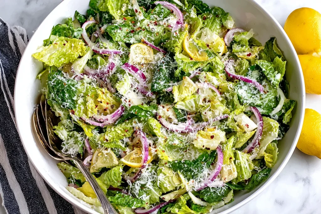 Easy Lemon Parmesan Lettuce Salad with romaine lettuce, parmesan cheese, red onion, and fresh lemon dressing
