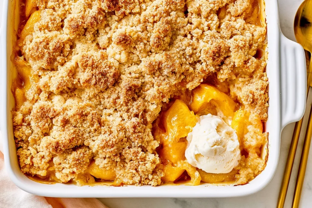 Easy Peach Cobbler baked until golden brown with fresh peaches, crunchy crumble topping, and vanilla ice cream