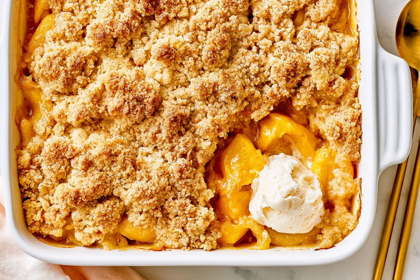Easy Peach Cobbler baked until golden brown with fresh peaches, crunchy crumble topping, and vanilla ice cream