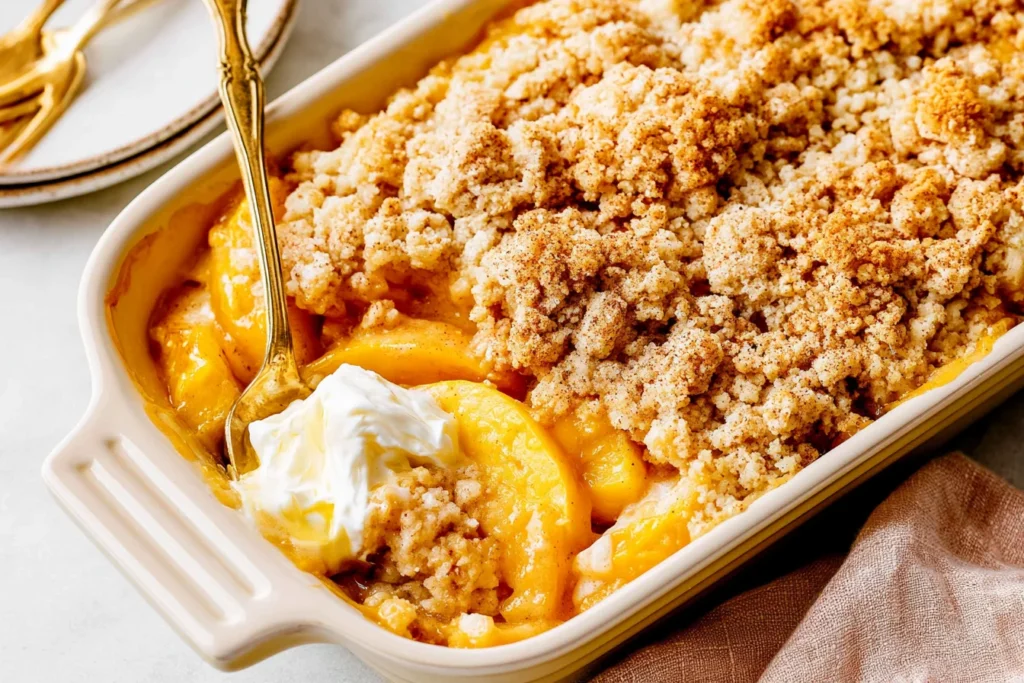 Easy Peach Cobbler served warm with vanilla ice cream, juicy peaches, and a buttery cinnamon crumble topping