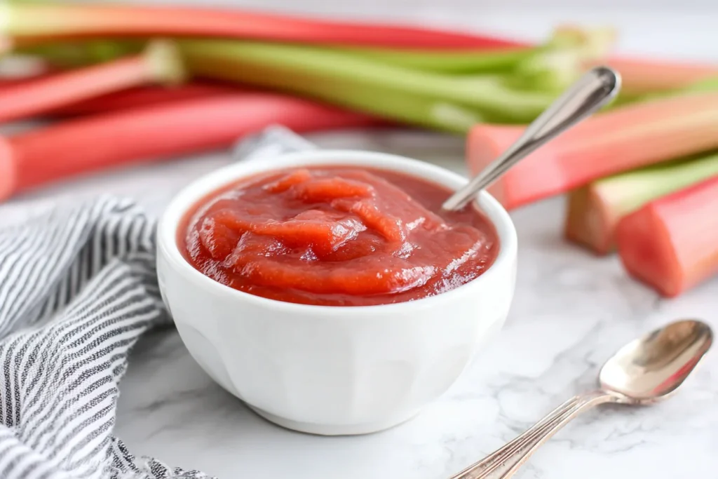 Easy Rhubarb Sauce in a white bowl with spoon and fresh rhubarb stalks