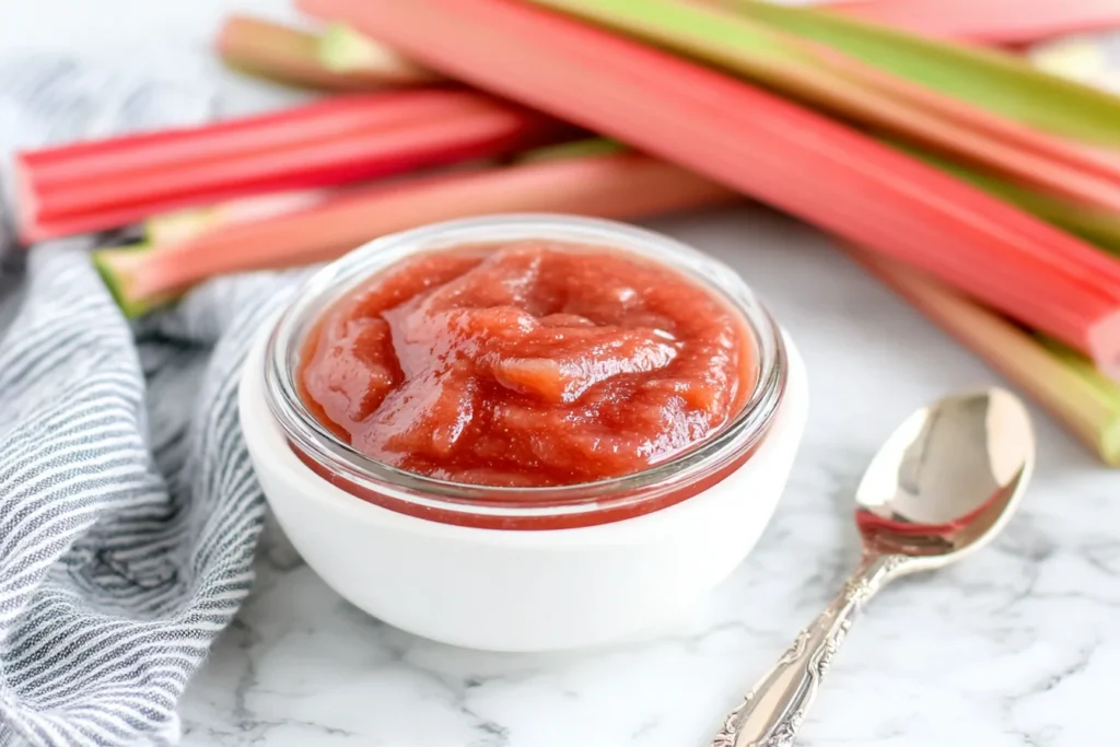 Easy Rhubarb Sauce served in a white bowl with fresh rhubarb stalks in the background