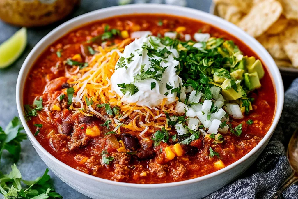 Easy Taco Soup with ground beef, black beans, corn, cheddar cheese, sour cream, and avocado
