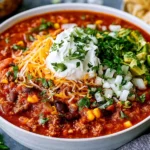 Easy Taco Soup with ground beef, black beans, corn, cheddar cheese, sour cream, and avocado