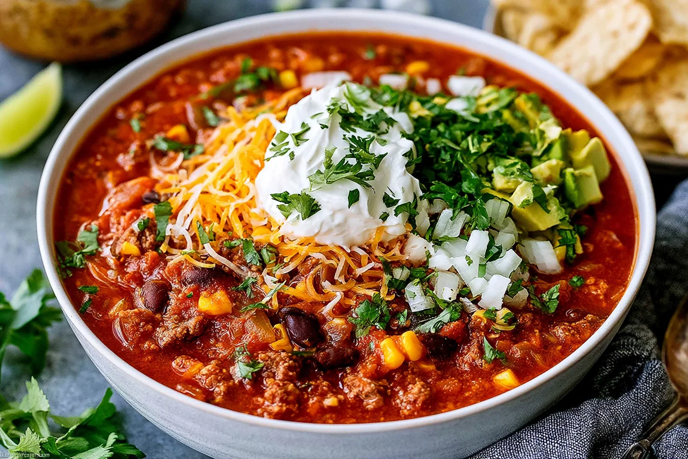 Easy Taco Soup with ground beef, black beans, corn, cheddar cheese, sour cream, and avocado