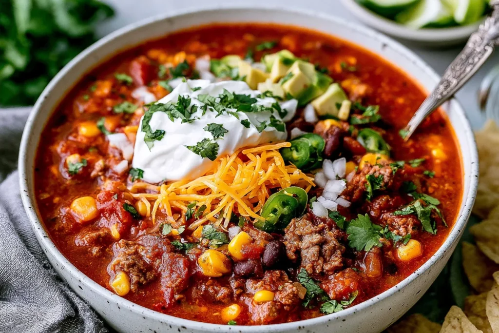 Easy Taco Soup topped with sour cream, cheddar cheese, jalapeños, avocado, and fresh cilantro