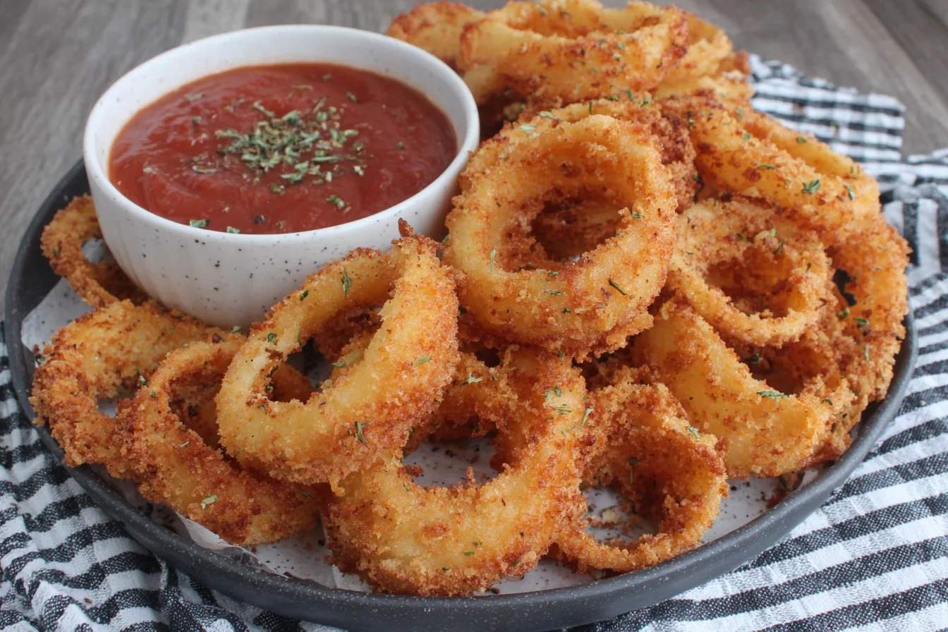 Extra Crispy Homemade Onion Rings with a golden breadcrumb coating and dipping sauce