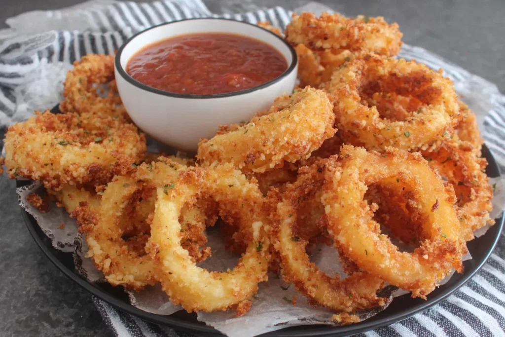 Extra Crispy Homemade Onion Rings served with dipping sauce on a platter