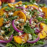 Fresh Peach Arugula Salad topped with peaches, goat cheese, toasted pecans, and red onion