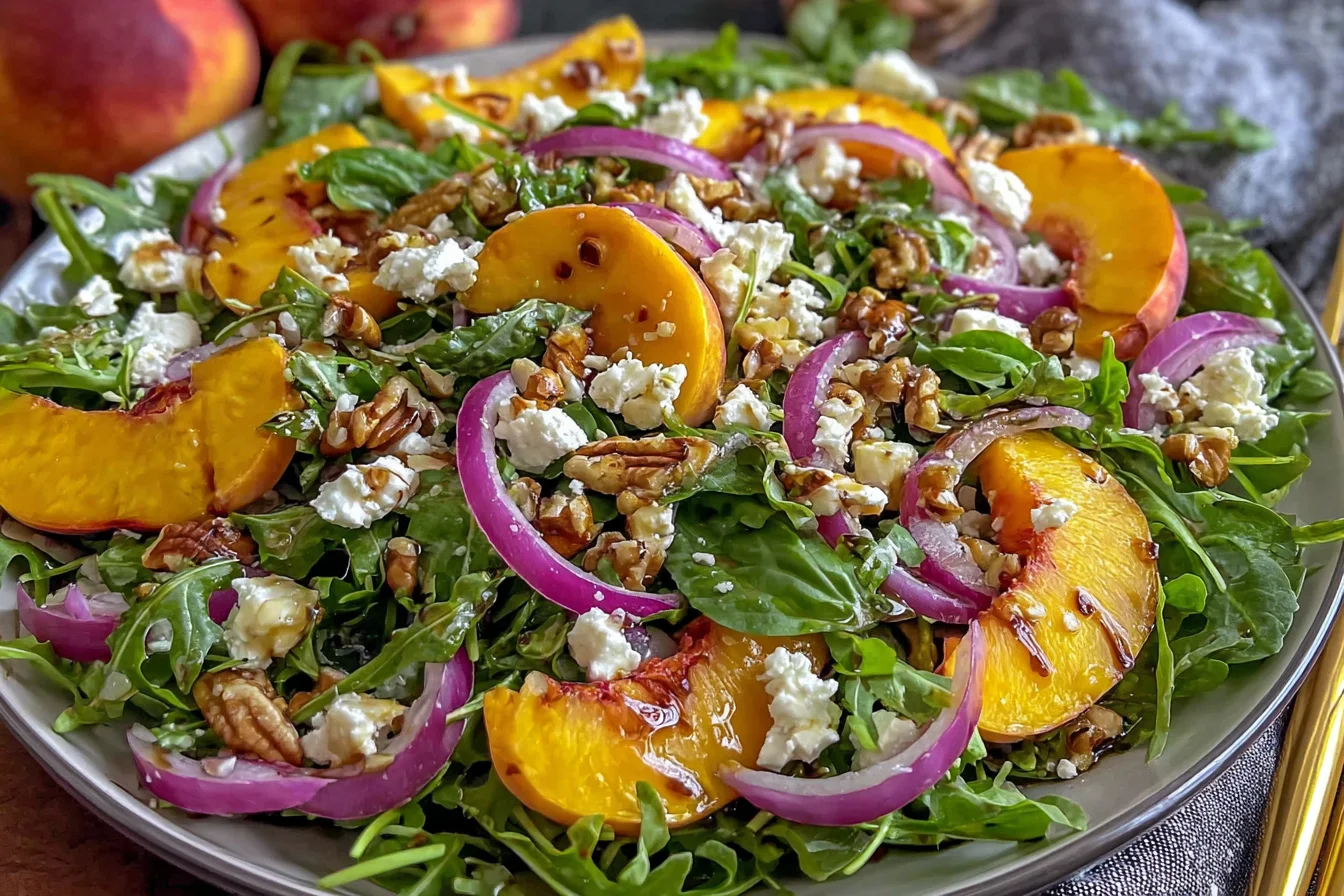 Fresh Peach Arugula Salad topped with peaches, goat cheese, toasted pecans, and red onion