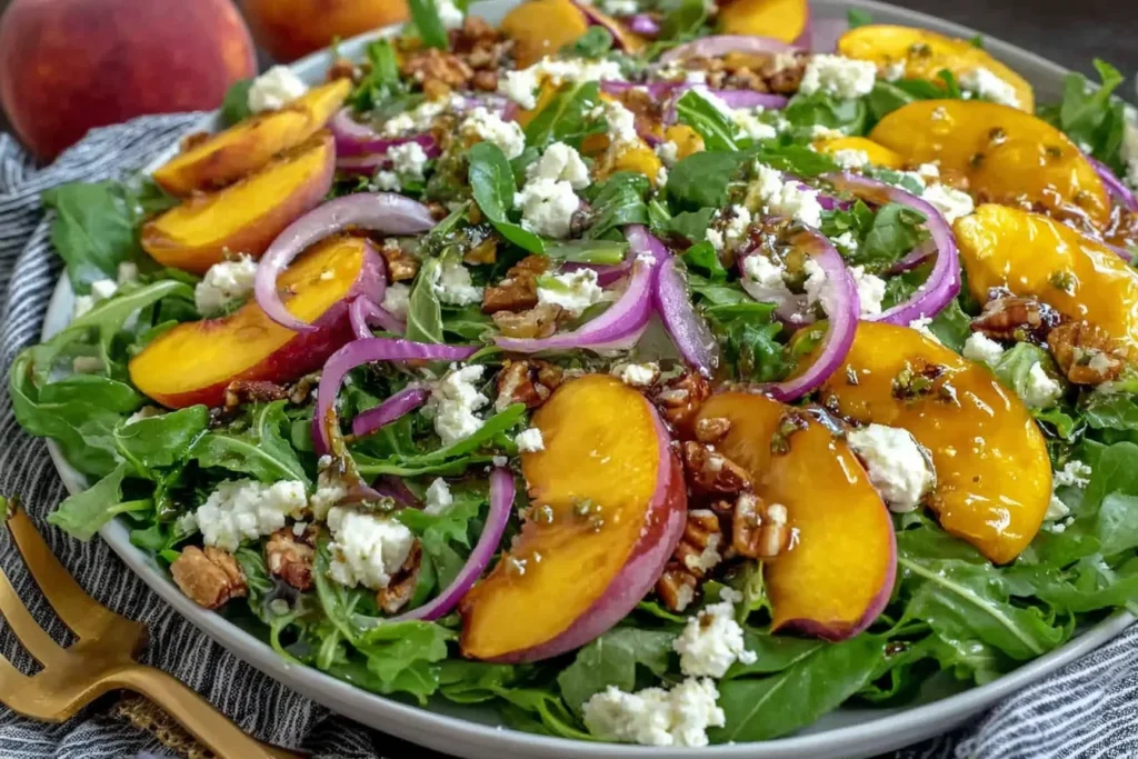Fresh Peach Arugula Salad with goat cheese, pecans, red onion, and balsamic dressing served in a bowl