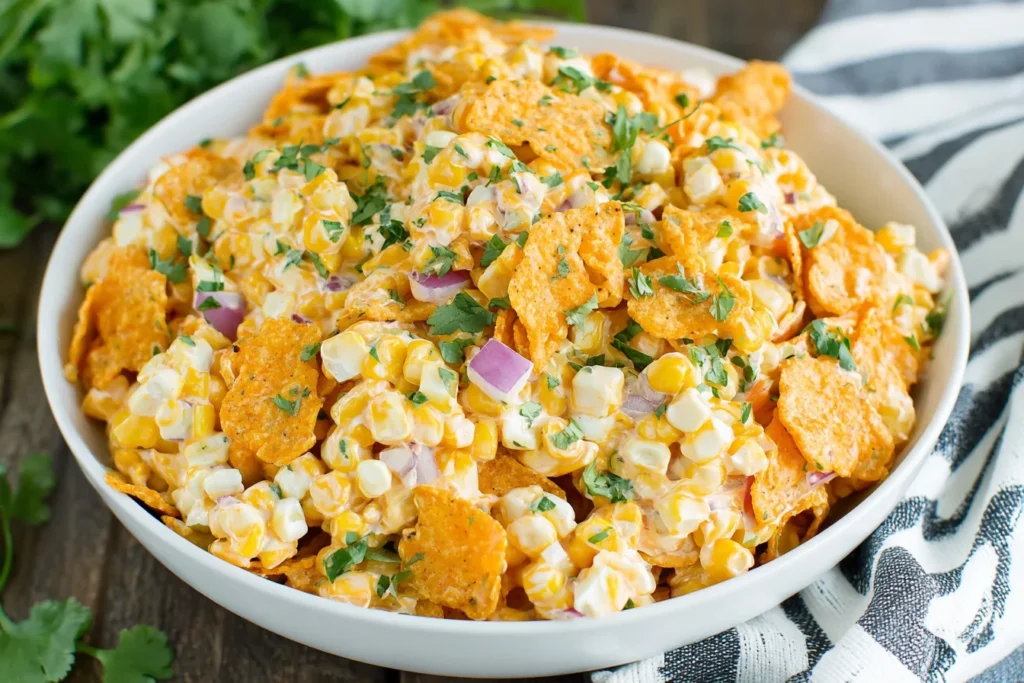 Fritos Corn Salad Recipe topped with crunchy Fritos, sweet corn, red onion, and fresh cilantro