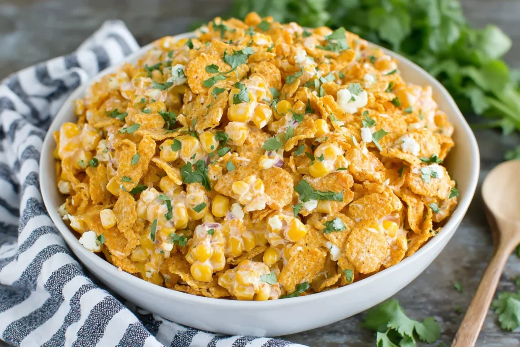 Fritos Corn Salad Recipe with creamy corn, crunchy chili cheese Fritos, and fresh cilantro in a serving bowl