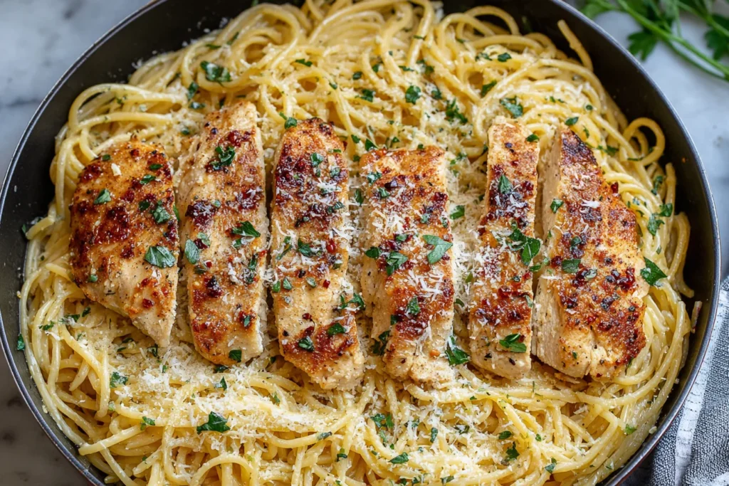 Garlic Butter Chicken Pasta served in a skillet with golden pan-seared chicken and parmesan cheese