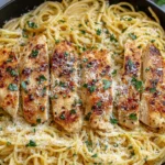 Garlic Butter Chicken Pasta served in a skillet with golden pan-seared chicken and parmesan cheese