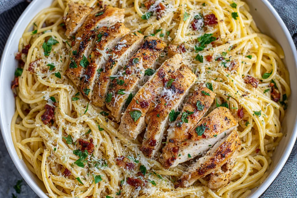 Garlic Butter Chicken Pasta topped with juicy sliced chicken, parmesan cheese, and fresh parsley