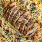 Garlic Butter Chicken Pasta topped with juicy sliced chicken, parmesan cheese, and fresh parsley