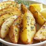 Garlic Butter Potato Wedges served on a plate with fresh herbs and lemon wedges