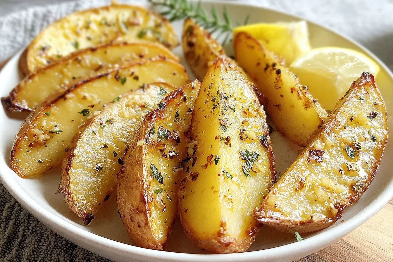 Garlic Butter Potato Wedges served on a plate with fresh herbs and lemon wedges