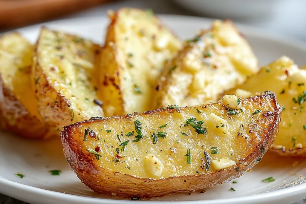 Garlic Butter Potato Wedges baked until golden and crispy with garlic, herbs, and buttery seasoning