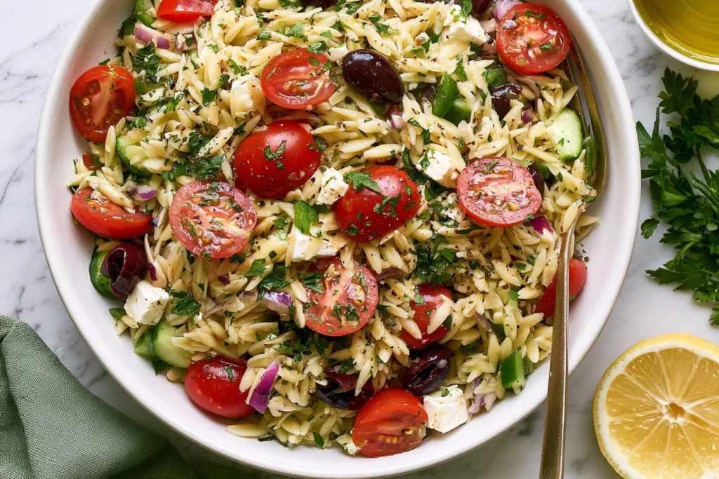 Greek Orzo Pasta Salad served with feta, olives, cucumber, cherry tomatoes, and fresh lemon in a white bowl