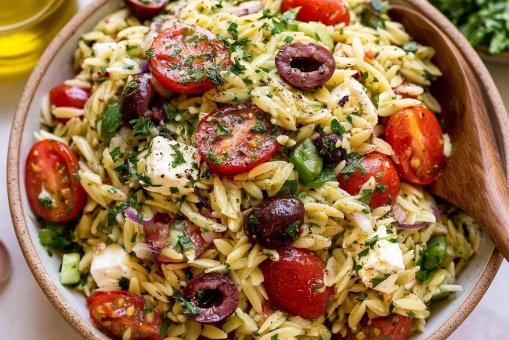 Greek Orzo Pasta Salad with feta, Kalamata olives, cherry tomatoes, cucumber, and fresh parsley in a wooden serving bowl