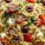 Greek Orzo Pasta Salad with feta, Kalamata olives, cherry tomatoes, cucumber, and fresh parsley in a wooden serving bowl