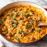 Ground Beef Orzo cooking in a red Dutch oven with creamy tomato sauce, tender orzo pasta, and seasoned ground beef