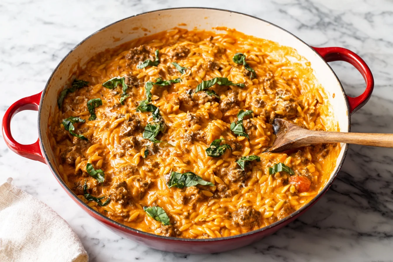 Ground Beef Orzo cooking in a red Dutch oven with creamy tomato sauce, tender orzo pasta, and seasoned ground beef