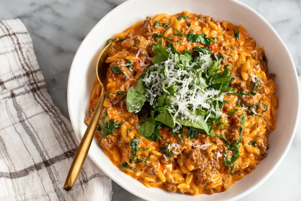 Ground Beef Orzo served in a bowl with creamy tomato sauce, spinach, parmesan cheese, and savory ground beef