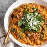 Ground Beef Orzo served in a bowl with creamy tomato sauce, spinach, parmesan cheese, and savory ground beef