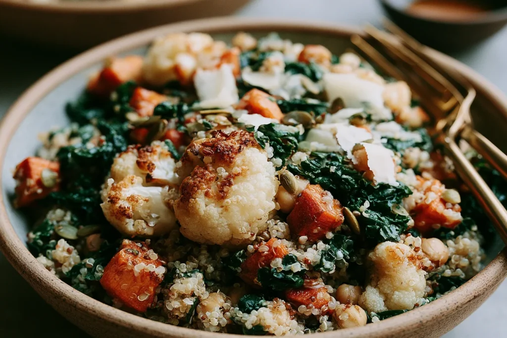 Harvest Quinoa Grain Bowl served with roasted cauliflower, sweet potatoes, kale, quinoa, pumpkin seeds, and parmesan shavings